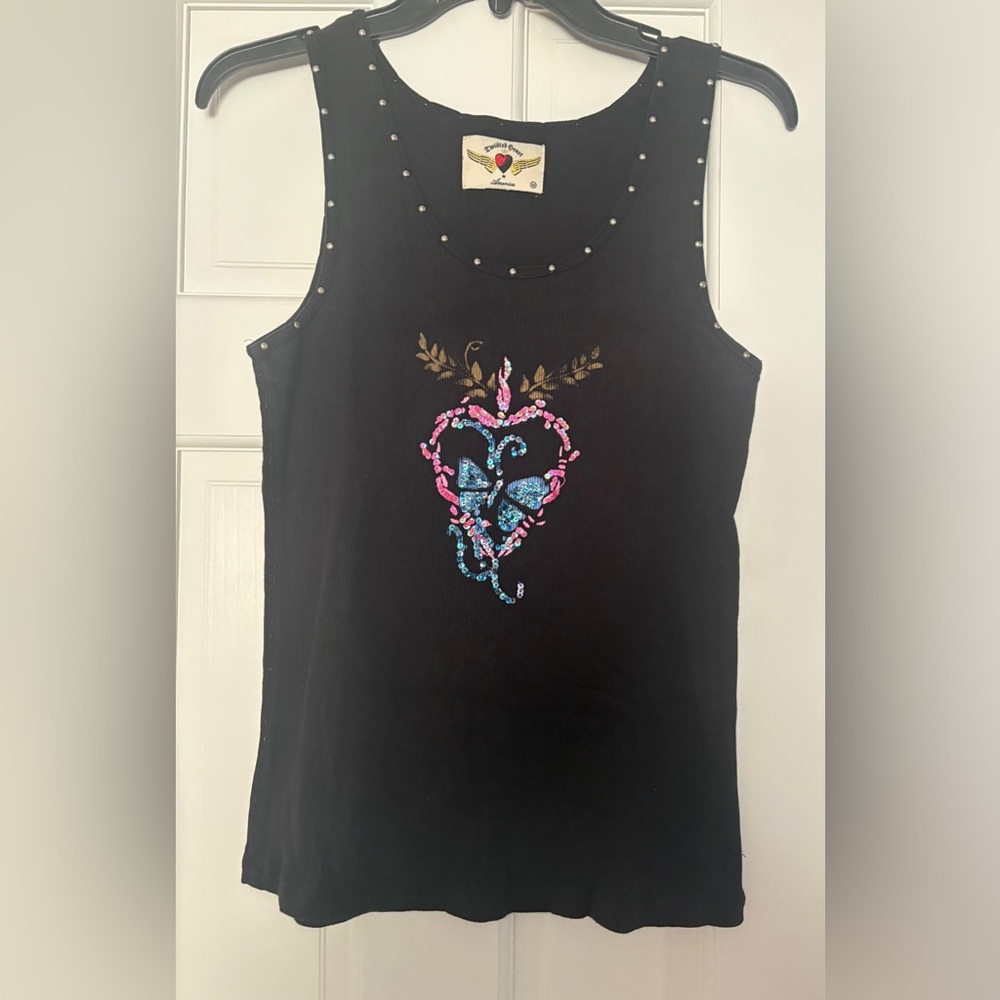 Twisted Heart Black Tank with Pink and Blue Embellishments